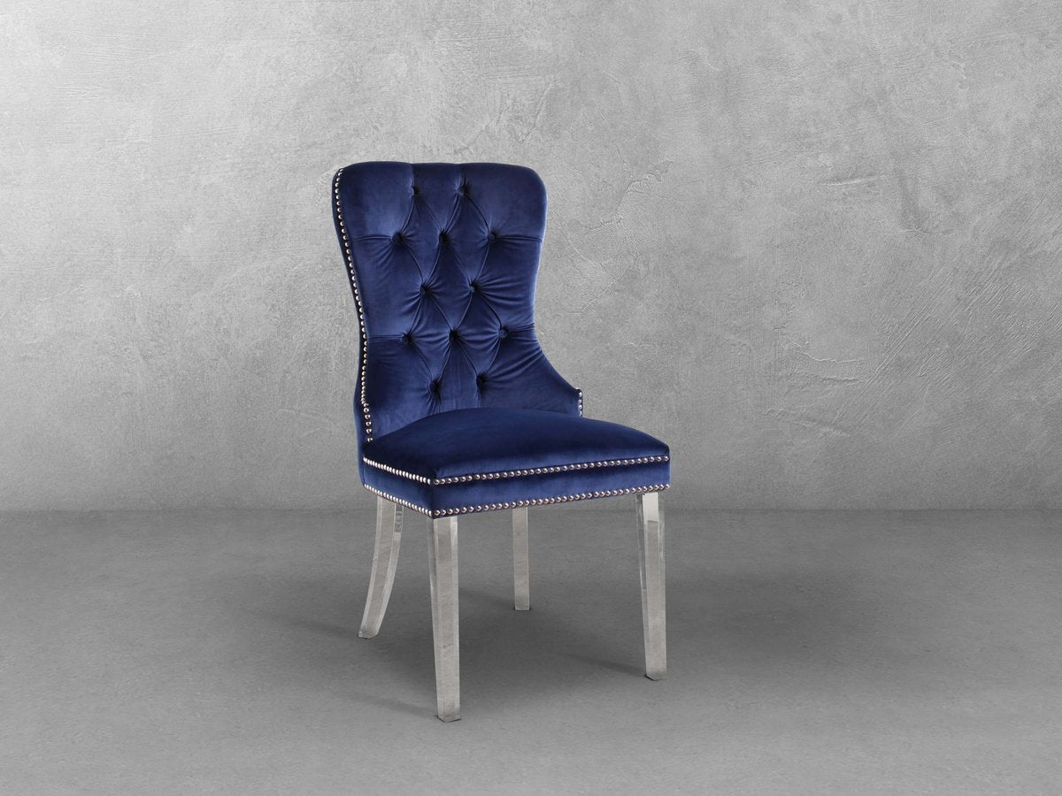 Blue velvet dining best sale chairs with silver legs