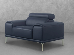 A blue leather chair featuring a sleek chrome frame, showcasing modern design and comfort in a stylish setting