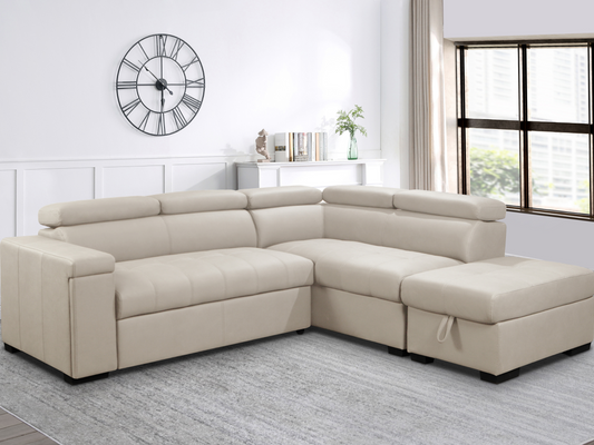 Miami Fabric Storage Sectional with Pullout Bed - Cream