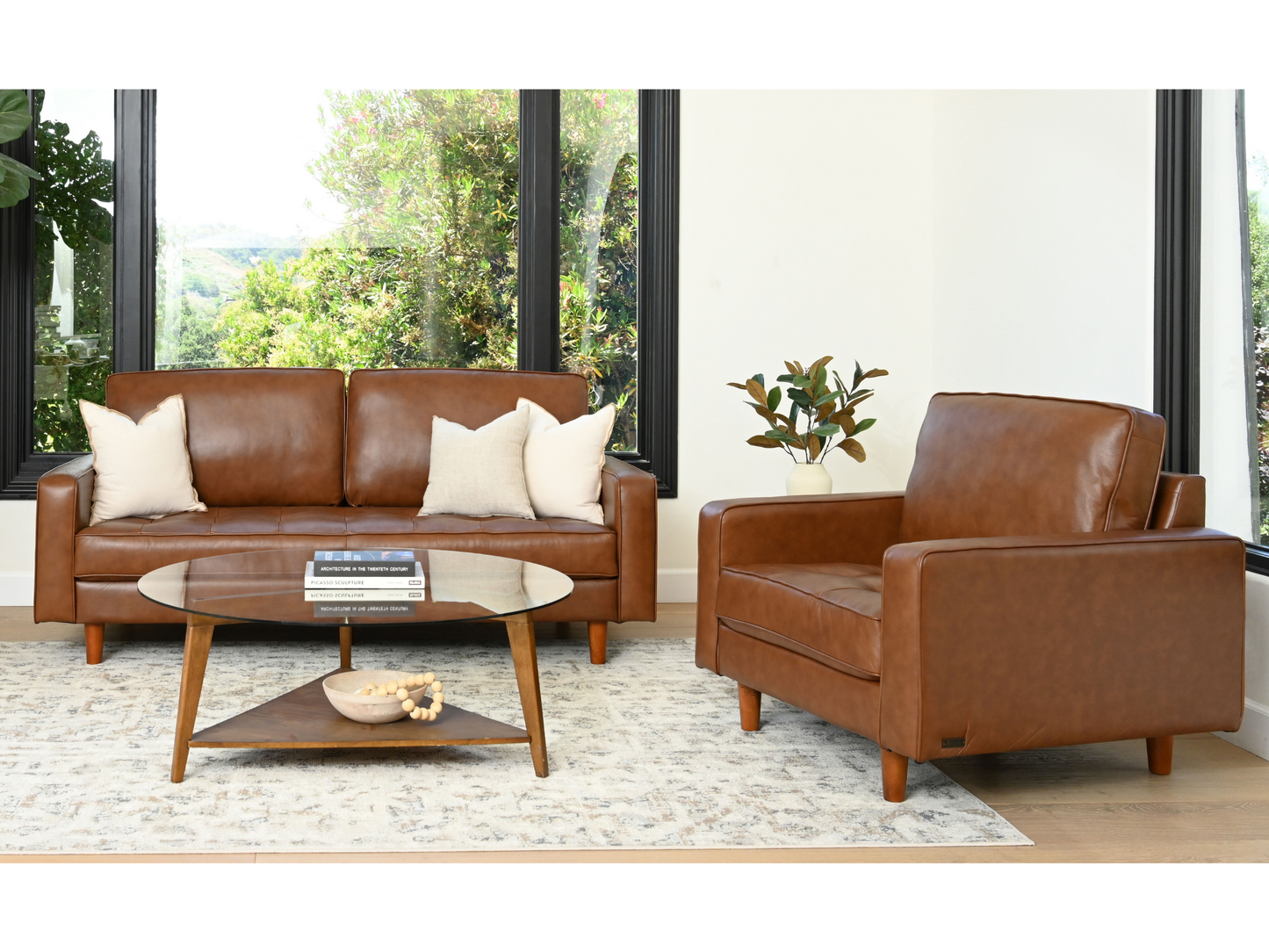 Holloway Mid-Century Leather Sofa and Armchair Set