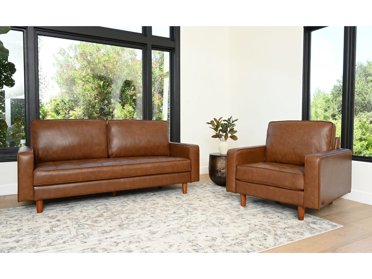 Holloway Mid-Century Leather Sofa and Armchair Set