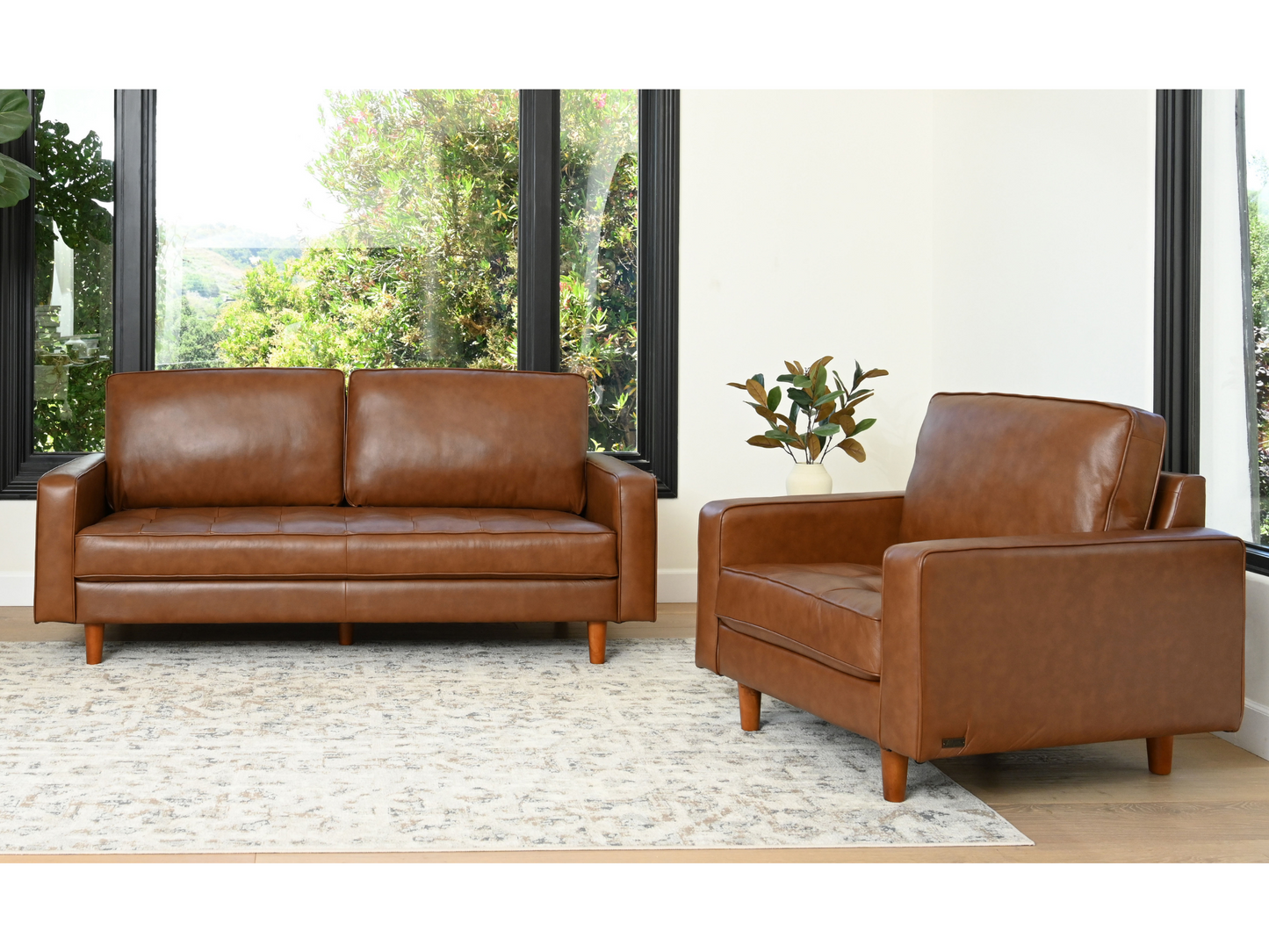 Holloway Mid-Century Leather Sofa and Armchair Set