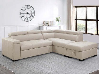 Miami Fabric Storage Sectional with Pullout Bed - Cream