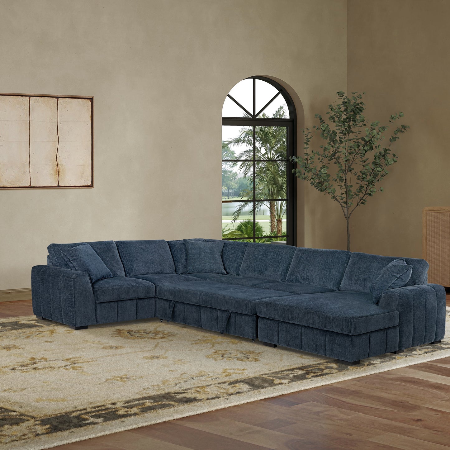 Burke Fabric Sleeper Sectional with Storage Chaise, Blue