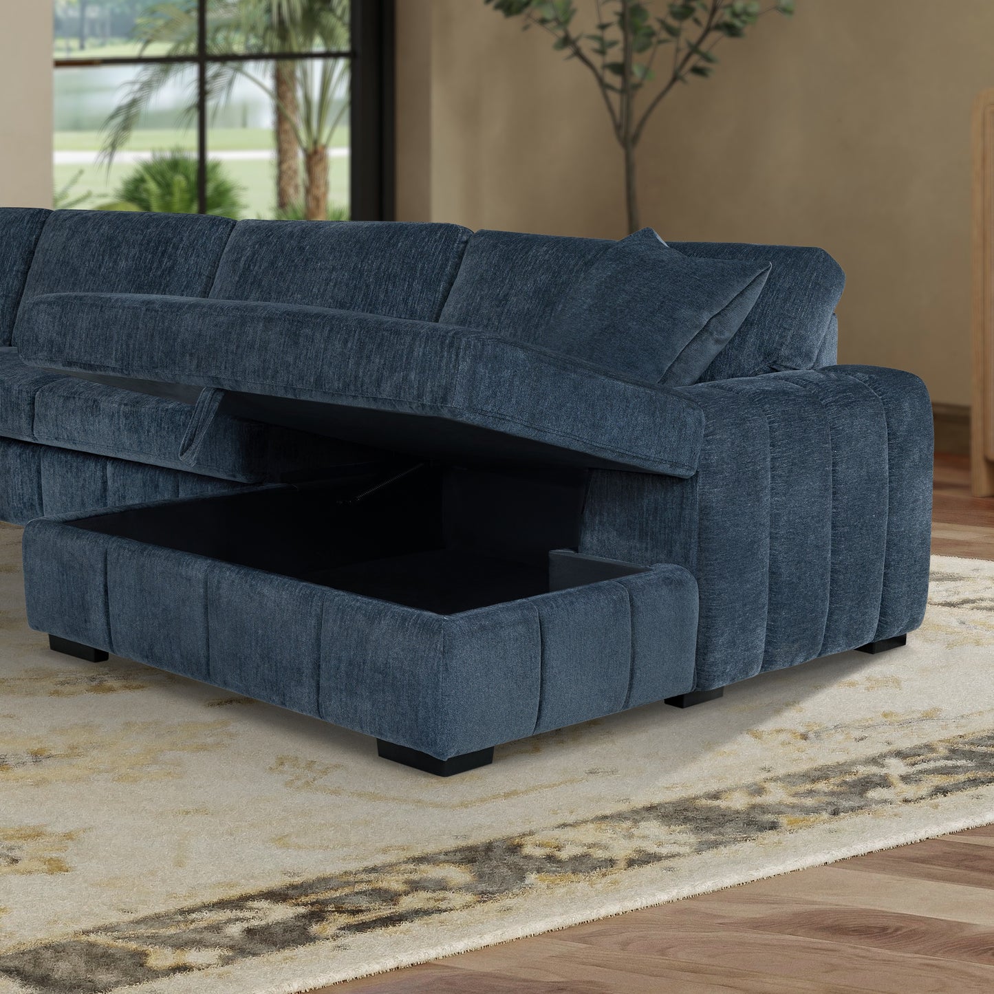 Burke Fabric Sleeper Sectional with Storage Chaise, Blue