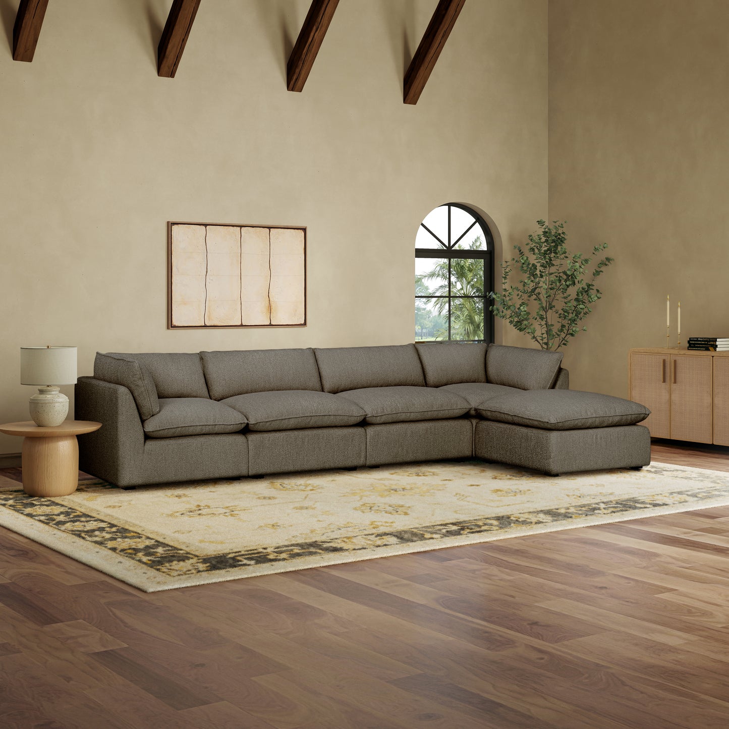 Luxe Boucle Fabric 5pc L-Shaped Sectional, Mocha