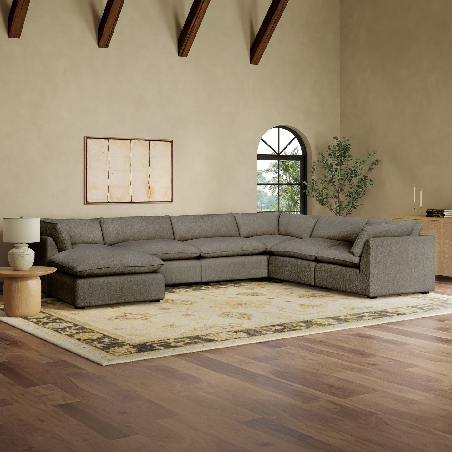 Luxe Boucle Fabric 7pc L-Shaped Sectional, Mocha