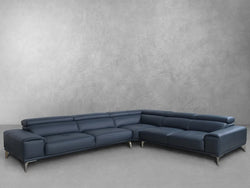 A contemporary blue leather sectional sofa, showcasing sleek lines and a stylish design, perfect for modern living spaces