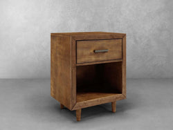 A small wooden nightstand featuring a single drawer, perfect for bedside storage and enhancing bedroom decor