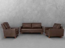 A stylish brown leather sofa and chair set, showcasing elegance and comfort in a modern living space