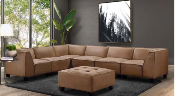 Wallingford 7-pc Modular Top Grain Leather Sectional with Ottoman - Camel