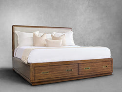 A stylish bed with a wooden headboard and two drawers, perfect for maximizing bedroom storage