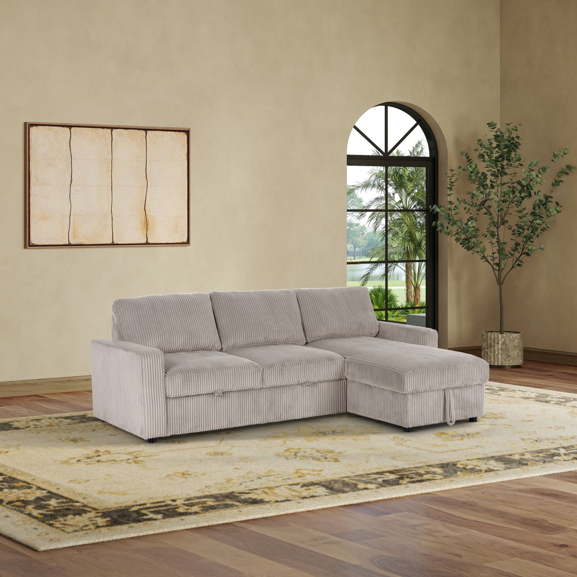 Haven Corduroy 2-pc Reversible Sleeper Sectional with Storage Chaise, Beige - Abbyson - Living Room