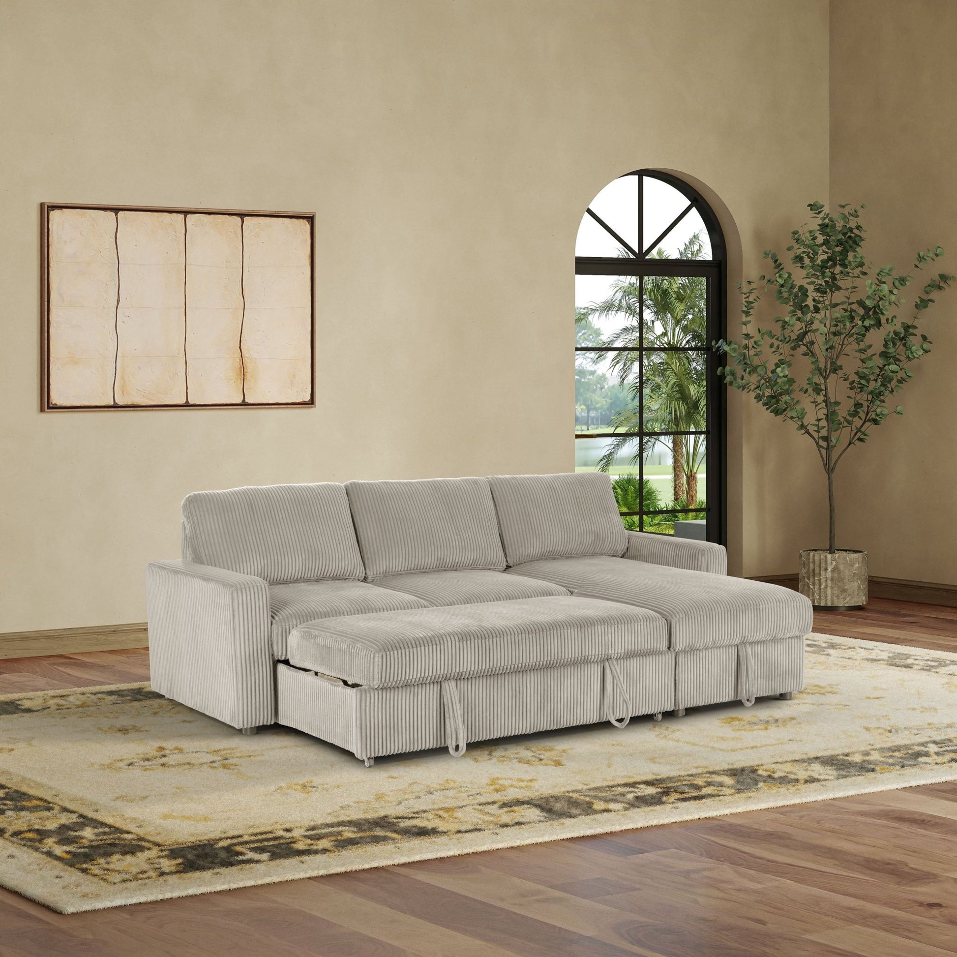 Haven Corduroy 2-pc Reversible Sleeper Sectional with Storage Chaise, Beige - Abbyson - Living Room