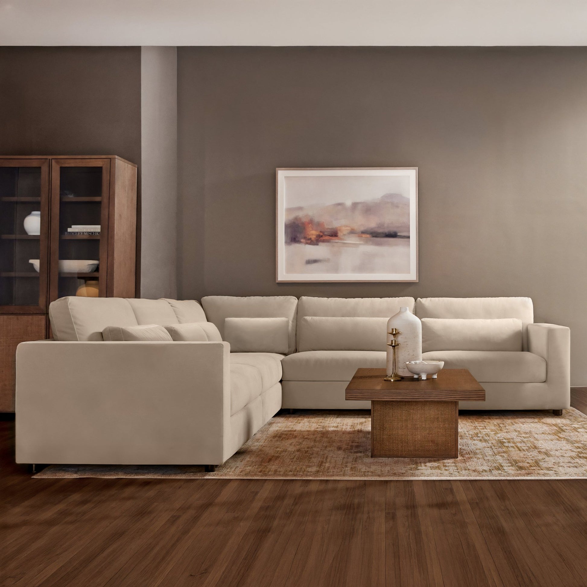 Hudson 5pc Velvet Fabric Modular Sectional - Sand - Abbyson - Living Room