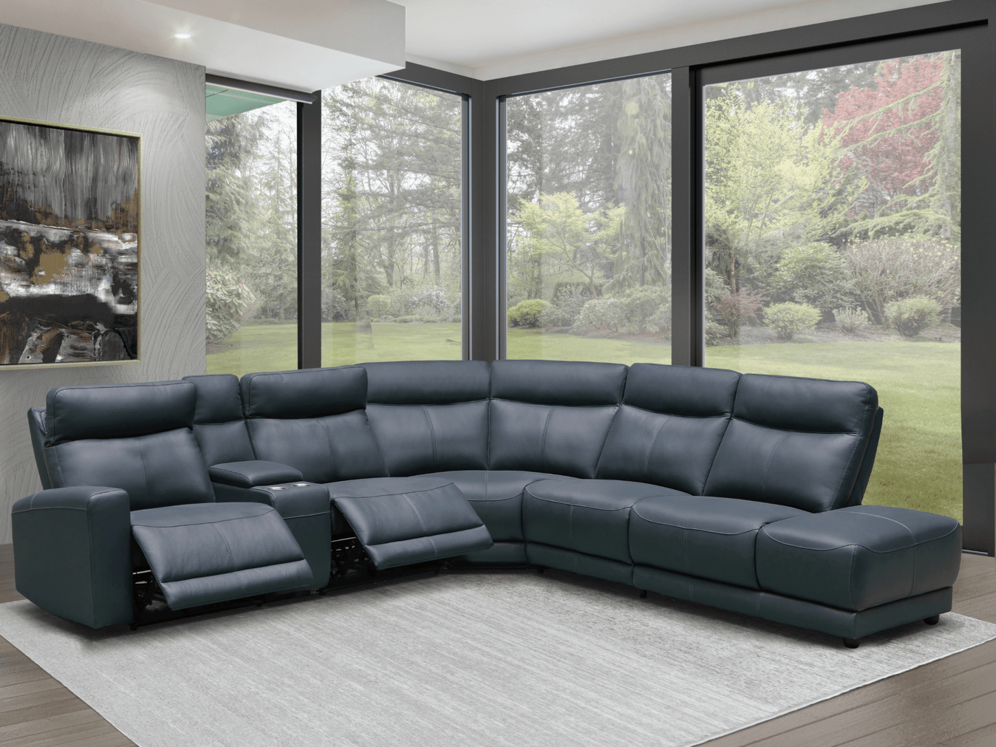 Kimmel Power Reclining Leather Sectional with Power Headrests - Blue - Abbyson - Living Room