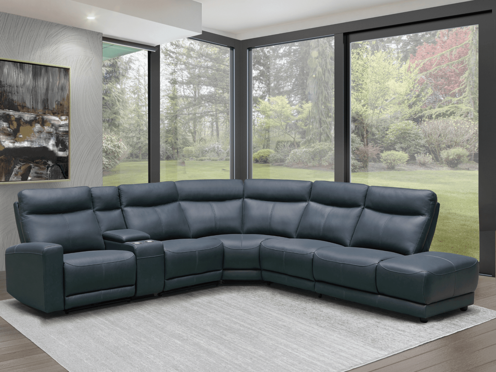 Kimmel Power Reclining Leather Sectional with Power Headrests - Blue - Abbyson - Living Room