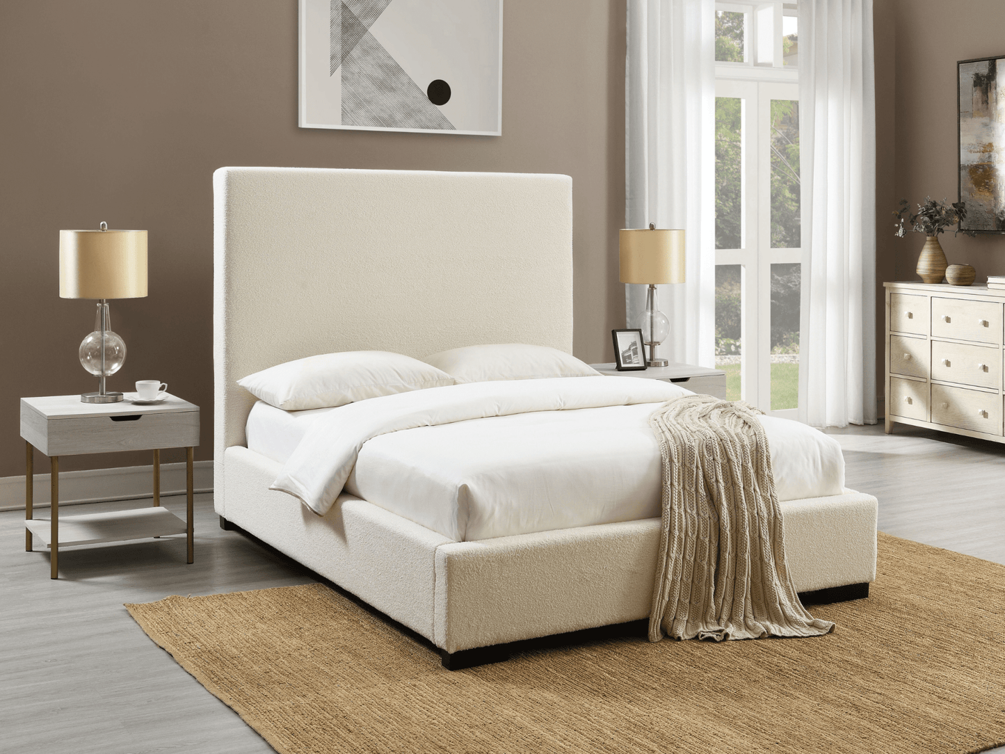 Luciano Bouclé Fabric Bed - Queen - Ivory - Abbyson - Bedroom