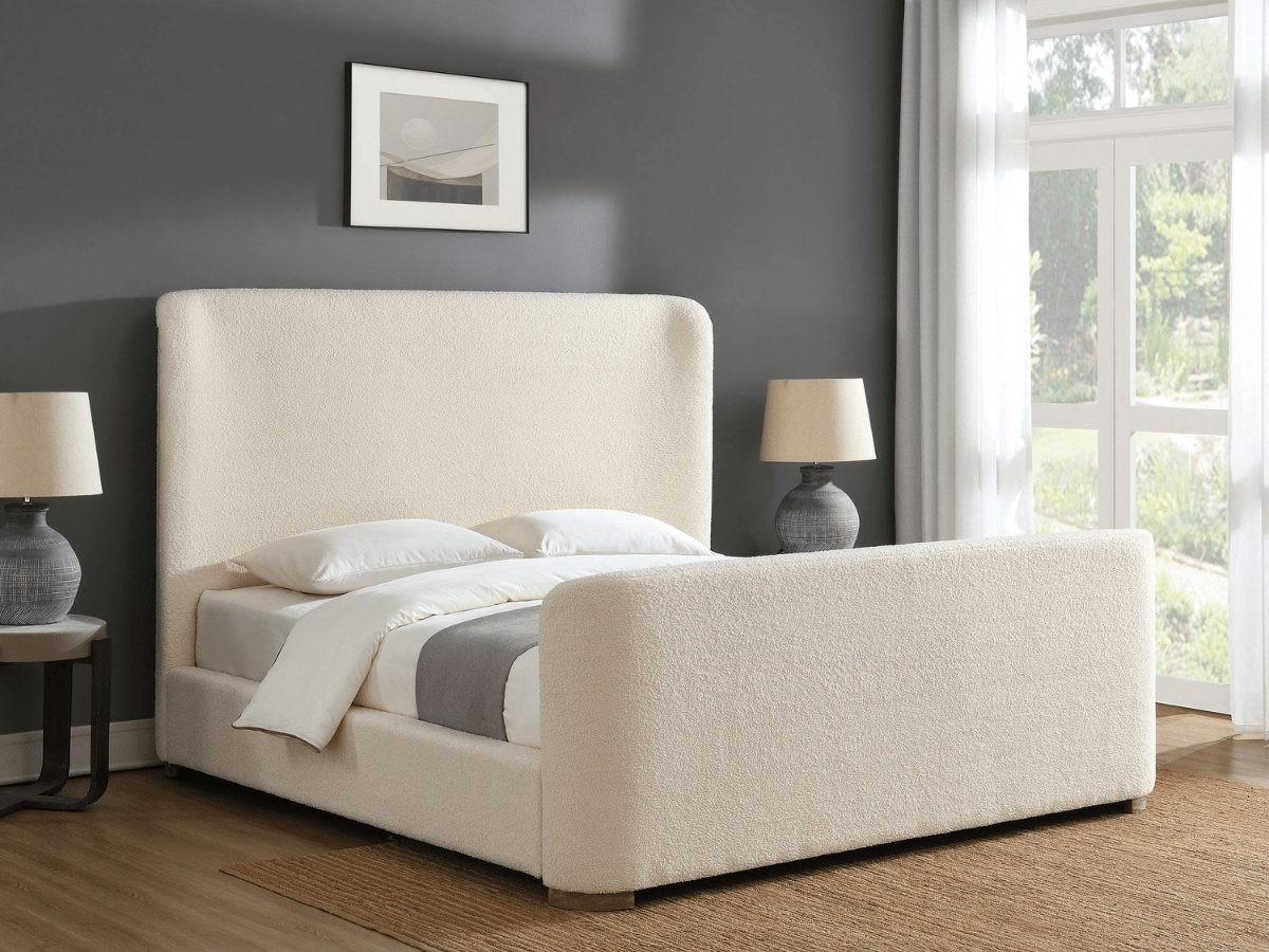 Luciano Bouclé Fabric Sleigh Bed - Queen - Ivory - Abbyson - Bedroom
