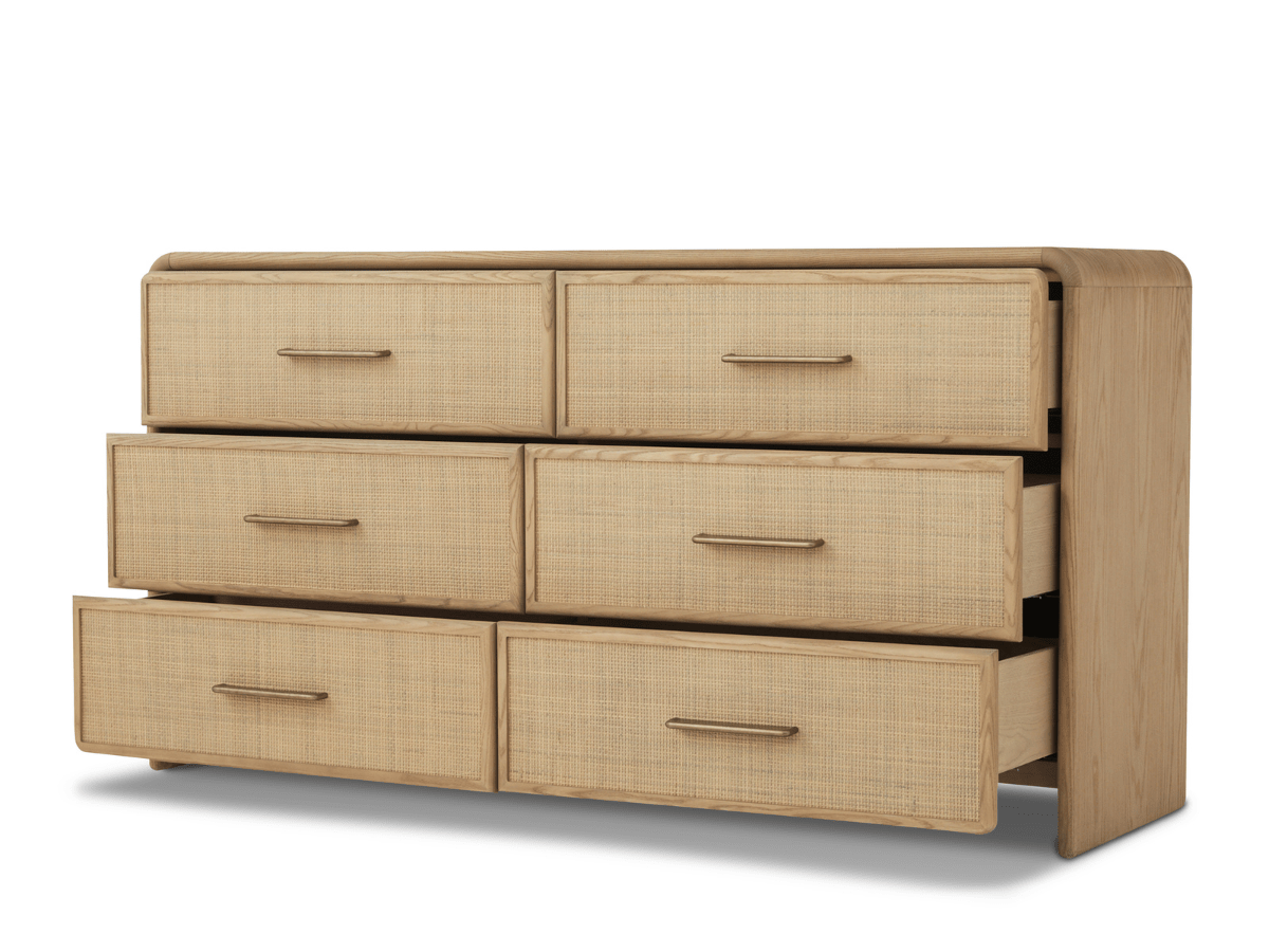 Pauline 6-Drawer Oak & Natural Cane Dresser - Blonde - Abbyson - Bedroom