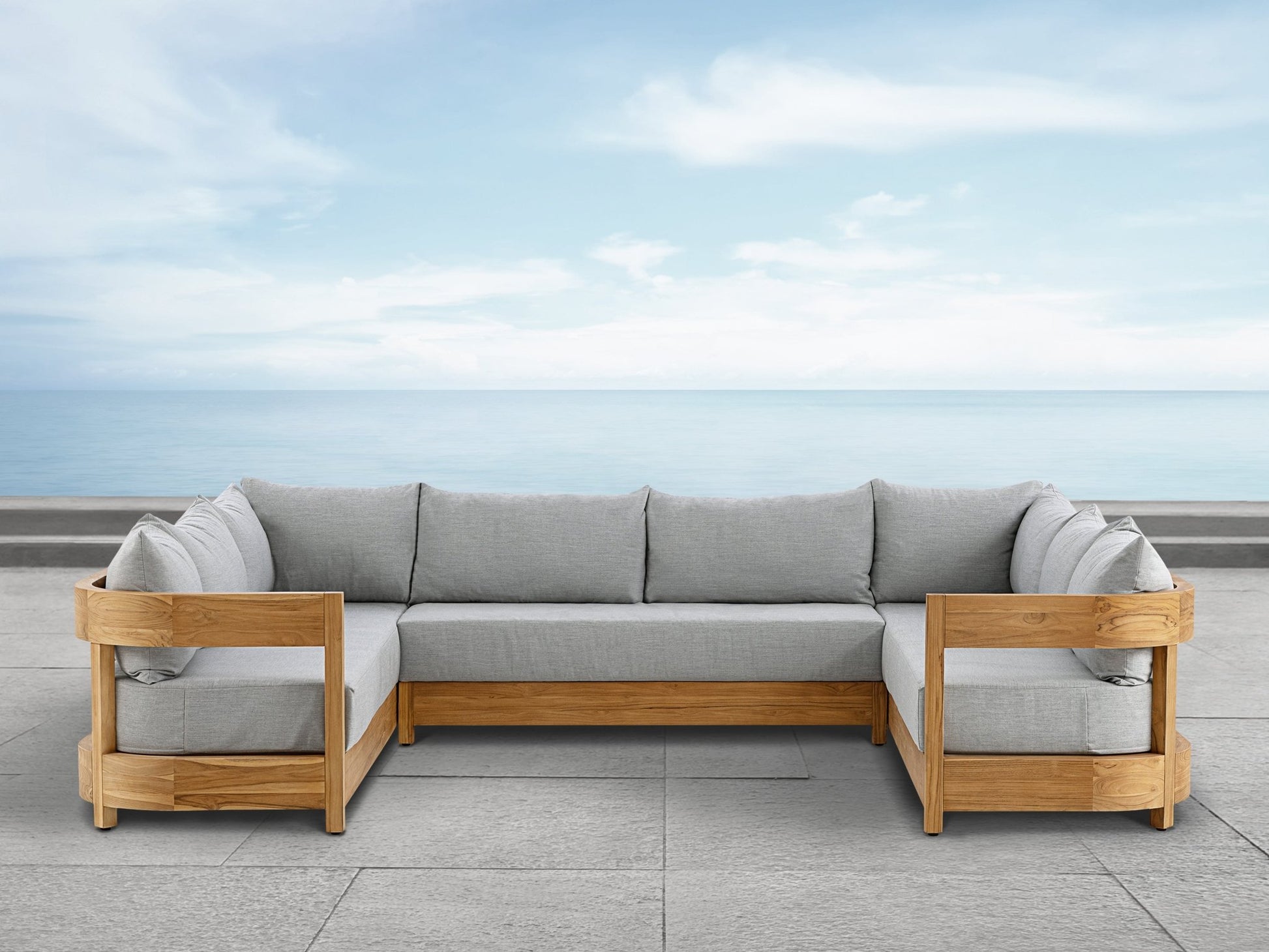 Santino® Outdoor 3-Piece U Shaped Sectional - Gray Fabric with Teak Frame - Abbyson - Outdoor