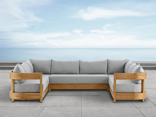 Santino® Outdoor 3-Piece U Shaped Sectional - Gray Fabric with Teak Frame - Abbyson - Outdoor