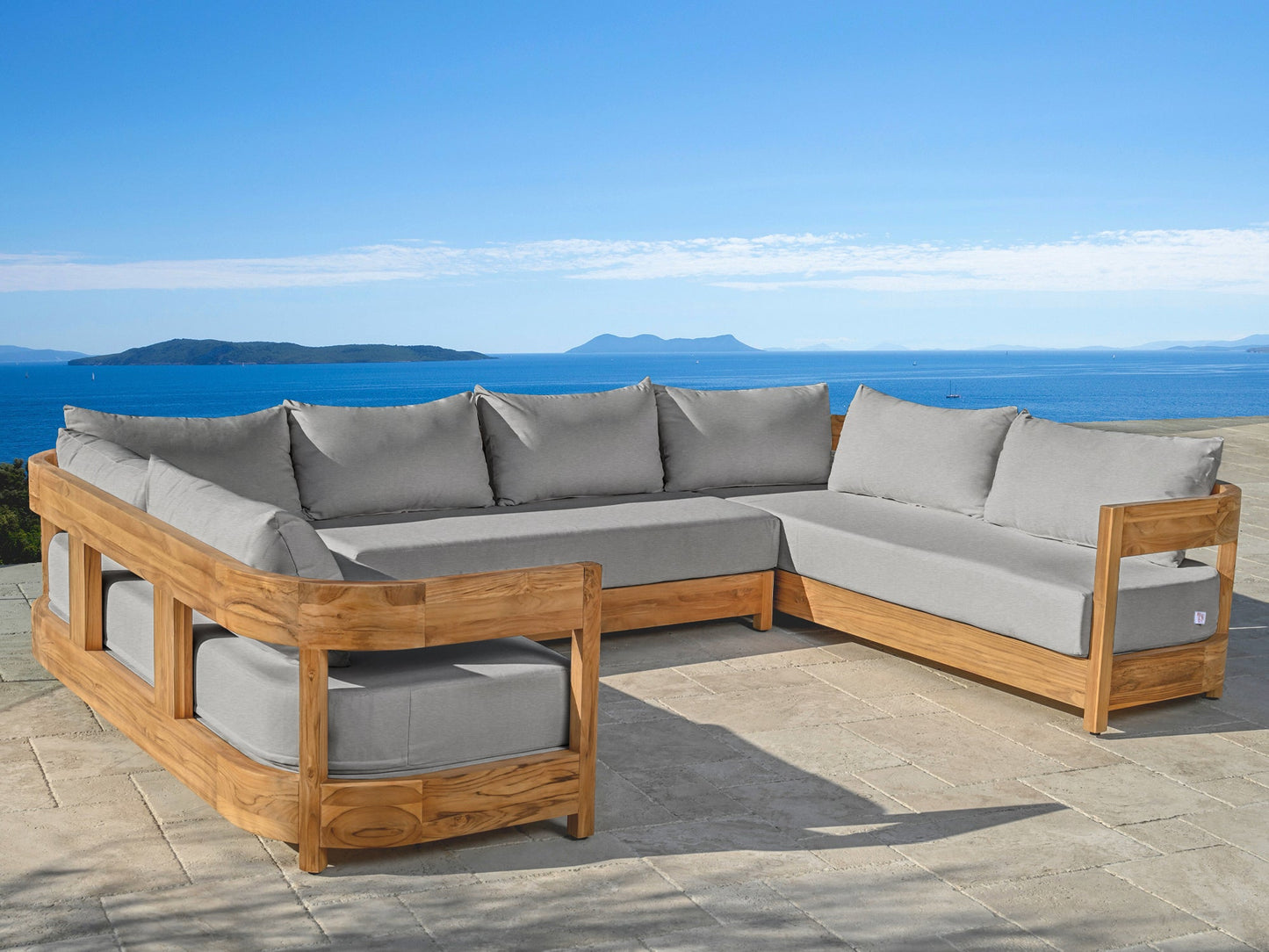 Santino® Outdoor 3-Piece U Shaped Sectional - Gray Fabric with Teak Frame - Abbyson - Outdoor