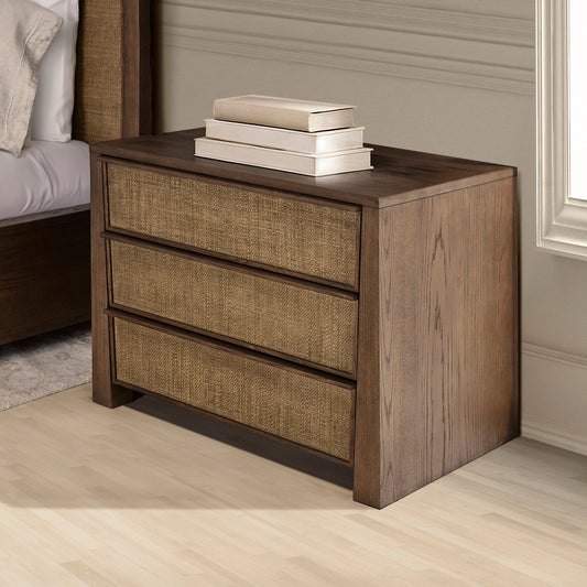 Sawyer Oak & Grasscloth 3-Drawer Nightstand, Brown - Abbyson - Bedroom