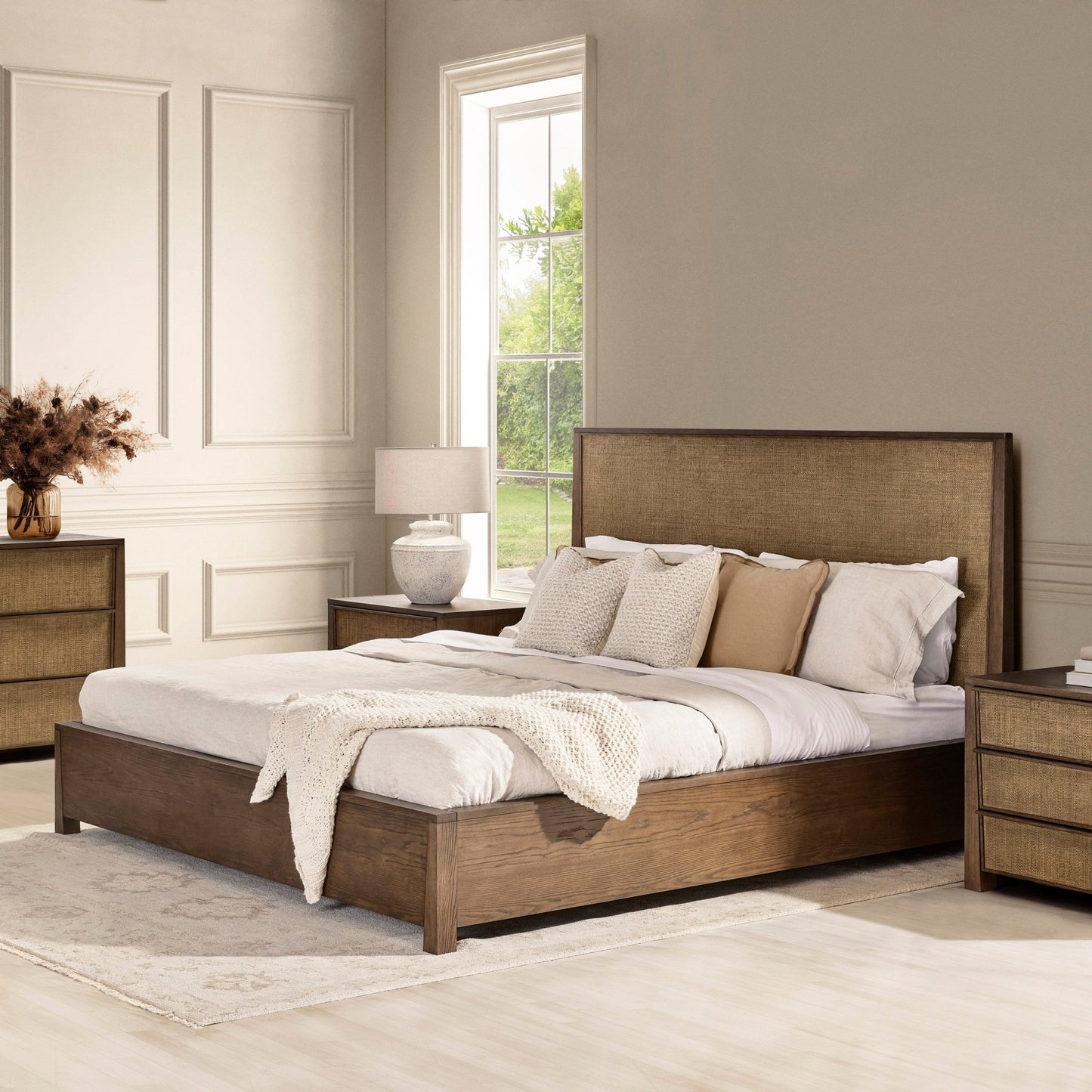 Sawyer Oak & Grasscloth Bed, Brown - King - Abbyson - Bedroom